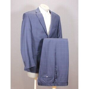 Jos A Bank Signature Gold Tailored Fit Blue Checked Wool 2 Piece Suit 42L 36" W